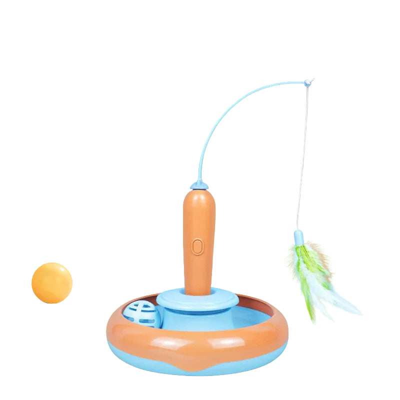 Pet toy with a fishing rod and feather on a beige background