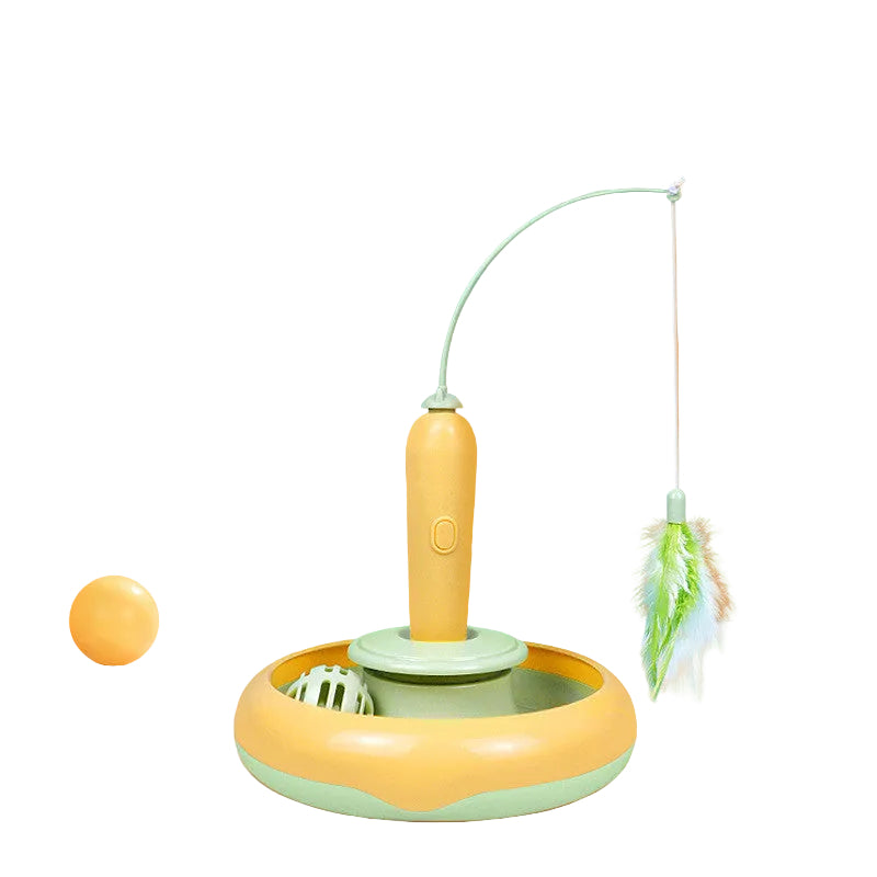 Pet toy with a yellow handle and green base on a peach background