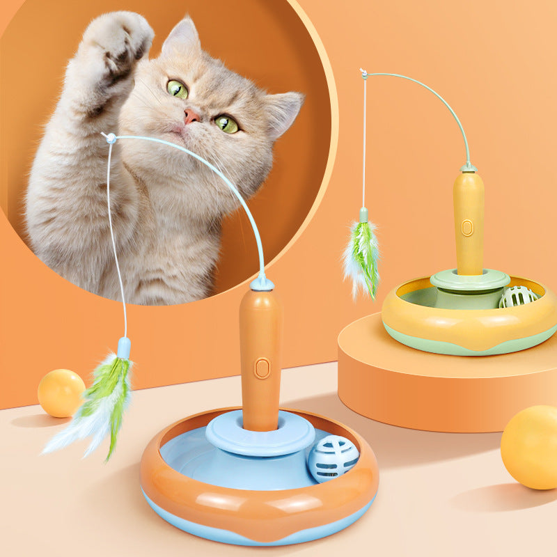 Cat playing with a toy on an orange background