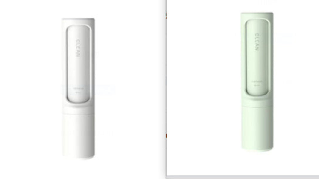 Two slim cylindrical personal care devices shown side by side on a white background, one in white and one in pale mint green. Both have a rectangular touch panel on the front and the word 'CLEAN' printed vertically near the top.