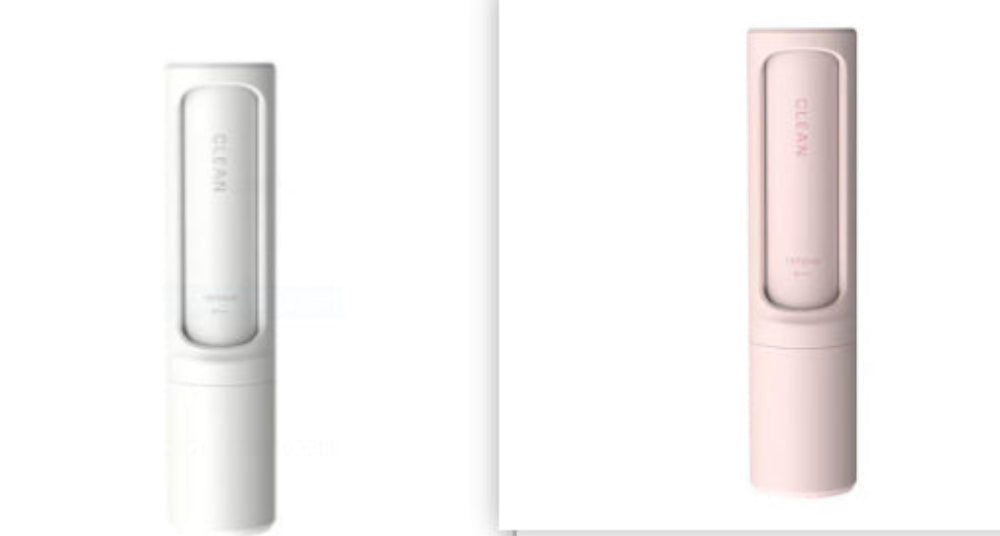 Two slim rectangular cosmetic tubes shown side by side on a white background, one in white and one in pale pink. Both have a frosted top section with vertical branding text and a smooth lower body.