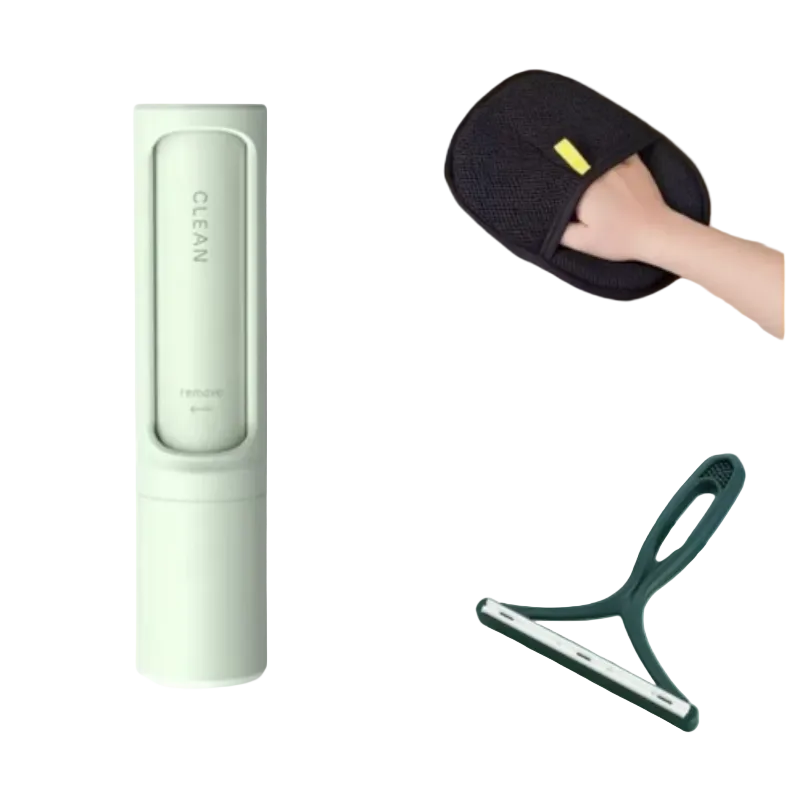 A three-panel product collage showing a pale mint green cylindrical cleaning tool on the left, a hand pulling a black mesh cleaning piece from a pocket on the top-right, and the same dark green handle with a metal scraper bar on a mint surface on the bottom-right.