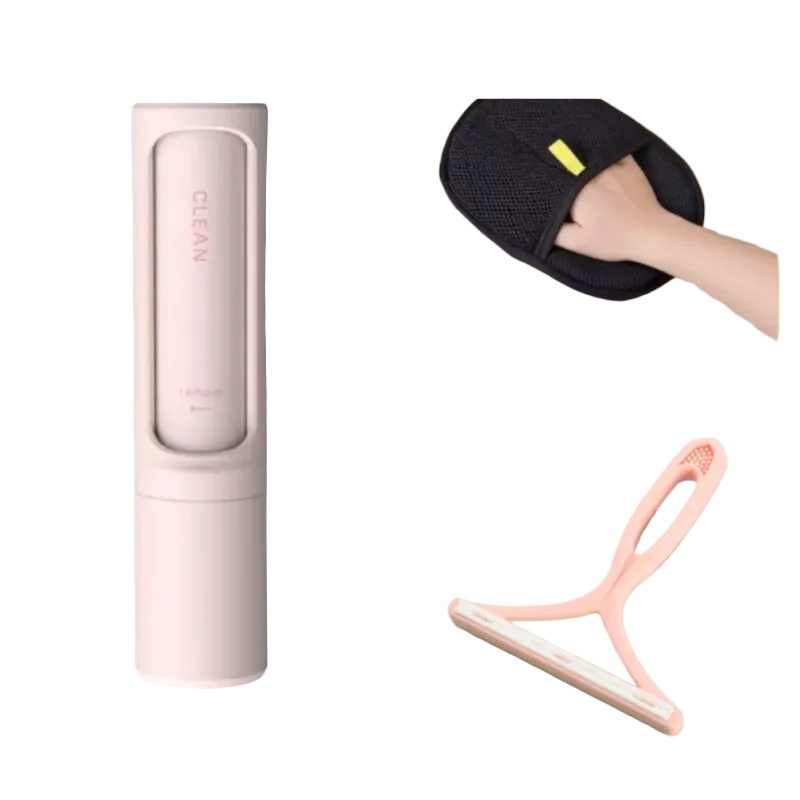 A pink cylindrical cleaning brush shown on a white background, alongside two inset photos demonstrating its use: one showing a hand using a black mesh cleaning pad, and another showing the pink brush attachment on a light green surface.