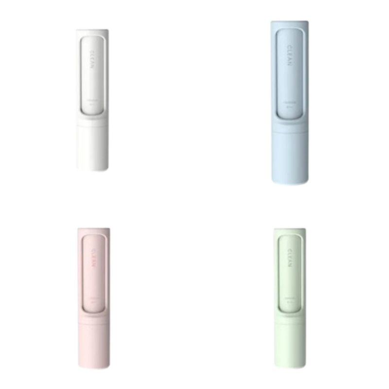 Four slim cylindrical cosmetic tubes arranged in a 2x2 grid on a white background, shown in white, light blue, light pink, and light green. Each tube has a small rectangular window near the top with the word 'CLEAN' printed vertically.