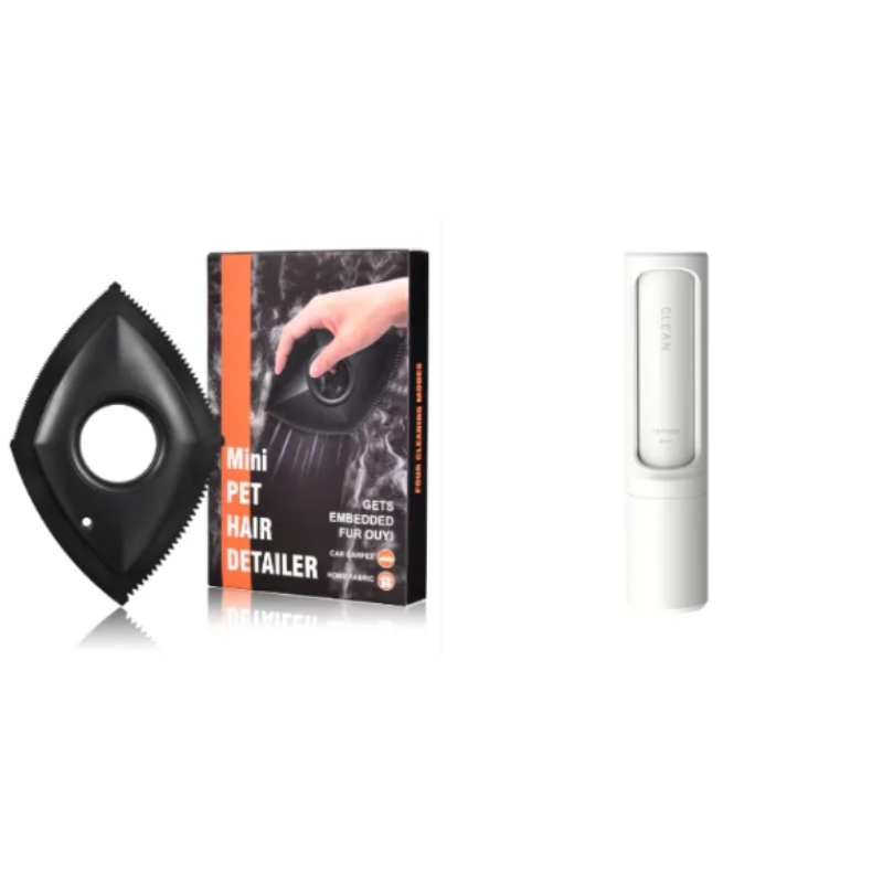 A pet hair detailer kit on a white background, featuring a black pet hair trap, its retail packaging box, and a white cylindrical attachment.