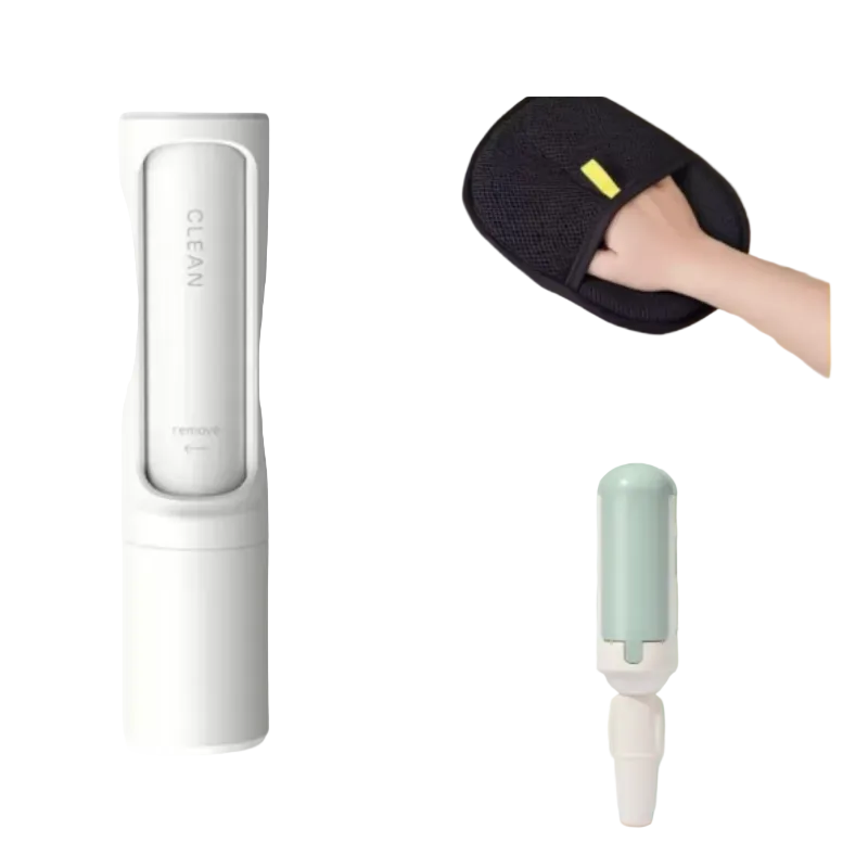 A white cylindrical cleaning brush or brush attachment shown on the left, with two inset images on the right: one showing a hand holding a black mesh cleaning pad labeled 'One piece,' and another showing the brush in a stylized green room scene.