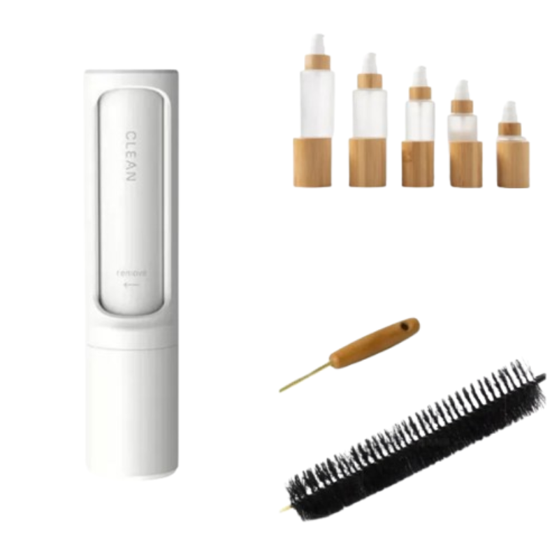 A GLEEN brand bottle-cleaning kit on a white background, featuring a white cylindrical main unit, five small clear bottles with bamboo caps, a wooden-handled tool, and a black cleaning brush.