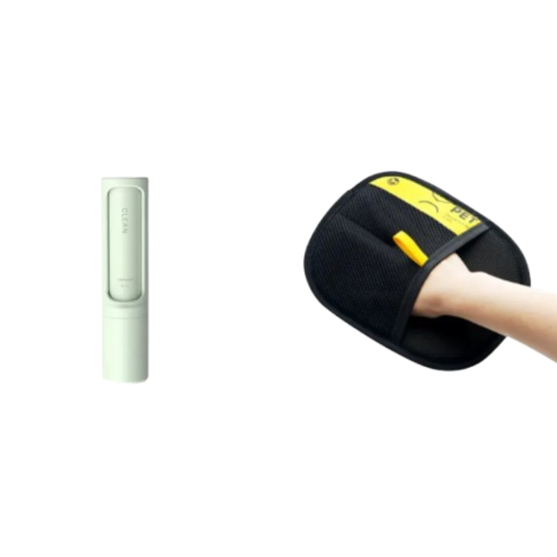 A dual-view product presentation of a cleaning tool: on the left, a mint green cylindrical wand is shown alone, and on the right, a hand inserts a black microfiber cloth into a yellow-and-black holder. The background is solid white.