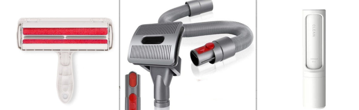Set of vacuum cleaner attachments including a roller brush, flex shaft, and nozzle on a white background.