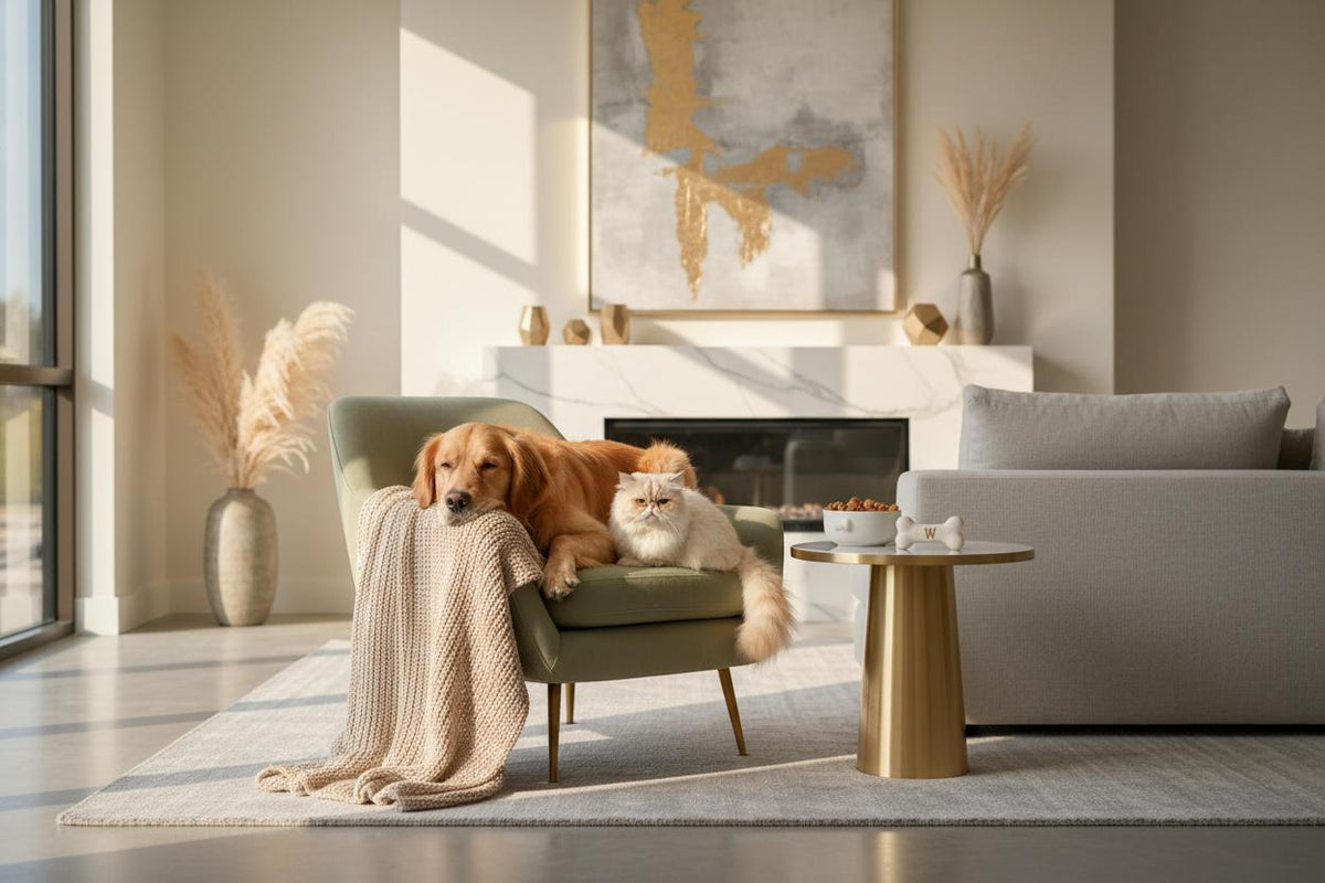 Two dogs on a green armchair in a modern living room with a fireplace and decor.
