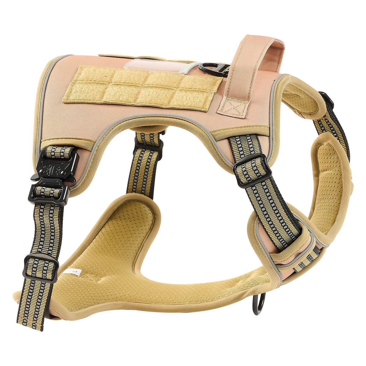 Tan dog harness with adjustable straps on a white background