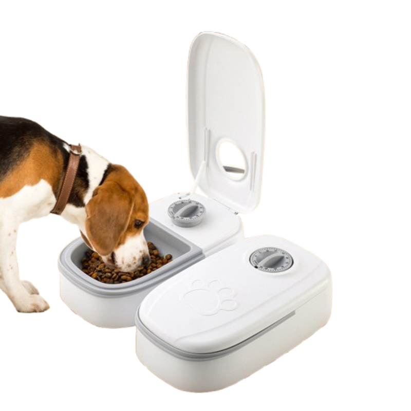 A white and gray pet double-compartment food bowl with an open lid and mirror, shown with a beagle dog eating kibble from one compartment on a white background.