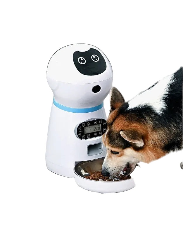 Dog eating from a bowl attached to a digital pet feeder on a wooden floor.