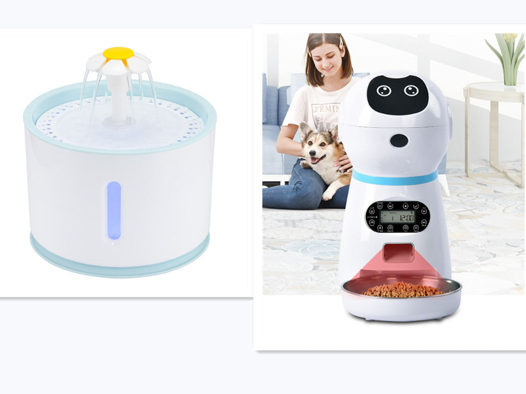 Pet water fountain and food dispenser with a woman and dog in the background