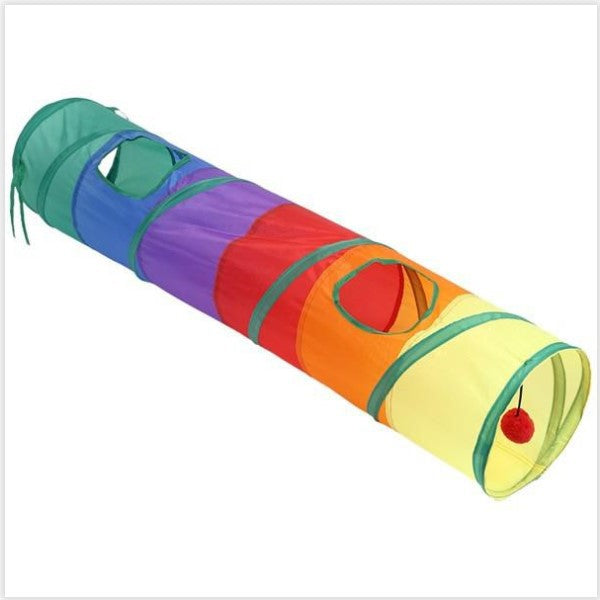 Colorful toy tunnel with a red ball on a white background