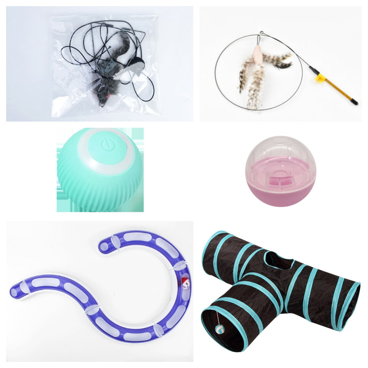 Collage of various pet toys including a ball, wand, and tunnel on a white background.