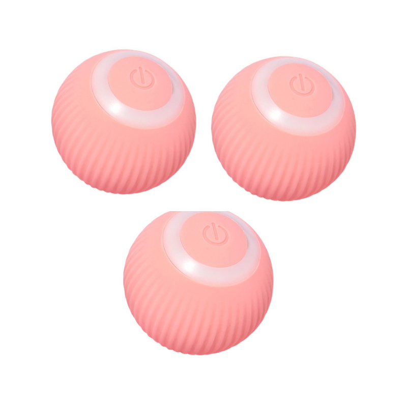 Three pink ribbed spherical devices with a white circular panel and power symbol on top, arranged on a plain white background.