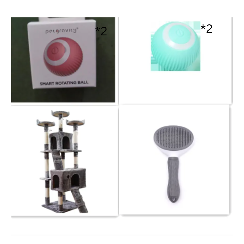 A four-panel collage showing pet products: a PetGravity smart rotating ball in its box, a mint green pet toy, a cat tree, and a gray-and-white pet brush.