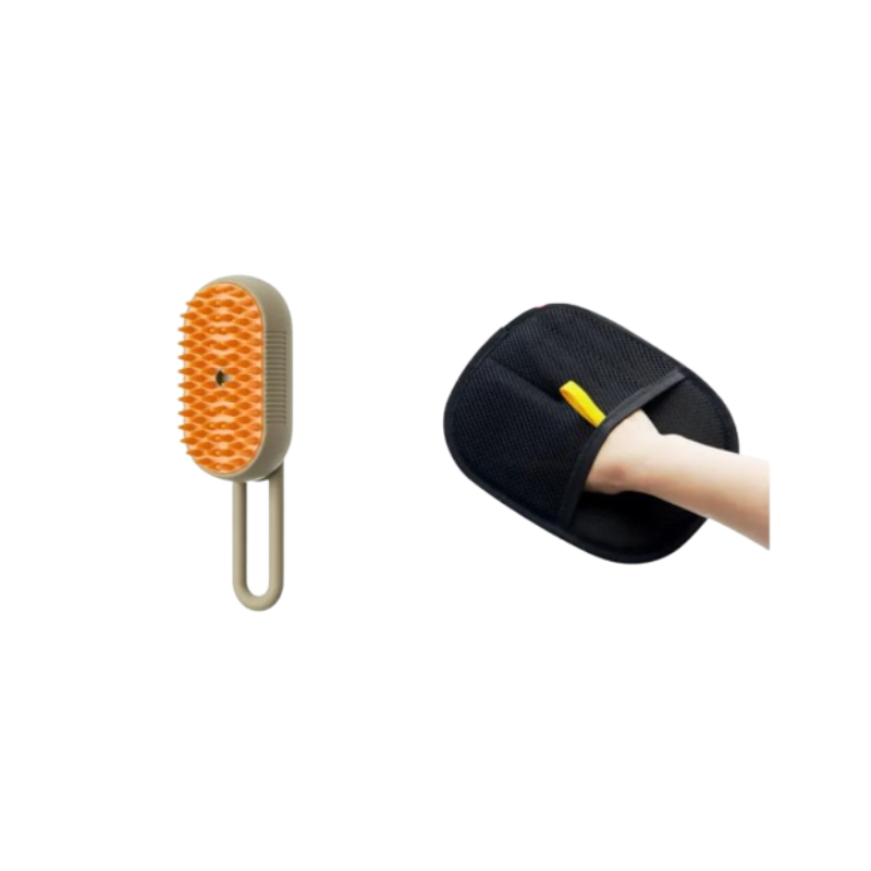 A pet grooming brush with orange bristles and a beige handle shown next to a black wrist strap holding a hand, on a plain white background.