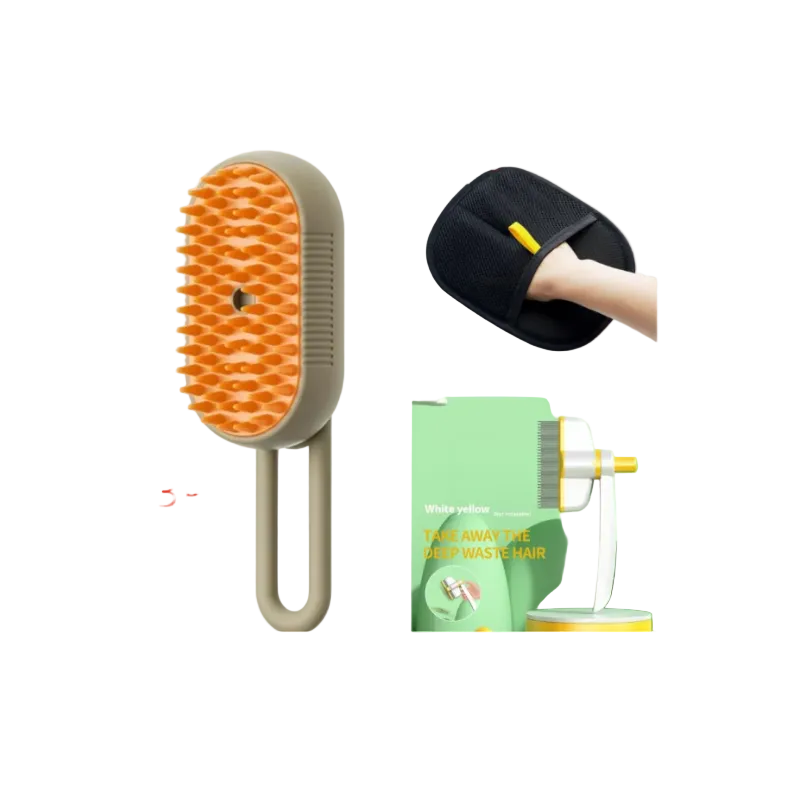 Three-piece pet grooming brush set featuring a beige and orange oval brush with a hanging loop, a black grooming glove with a yellow pull tab, and a green background panel showing usage, on a white background.