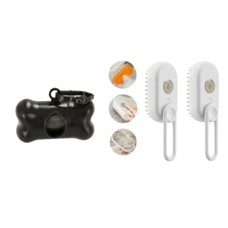 A pet grooming kit on a white background, featuring a black bone-shaped poop bag holder with a clip, two white wall-mounted brushes with hanging loops, and three circular inset images showing close-ups of brushing fur and disposing of poop.