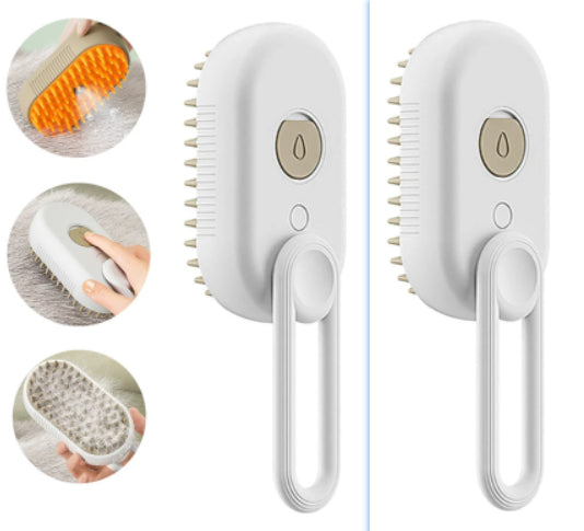 Two white grooming brushes with close-up insets showing their use on different surfaces.