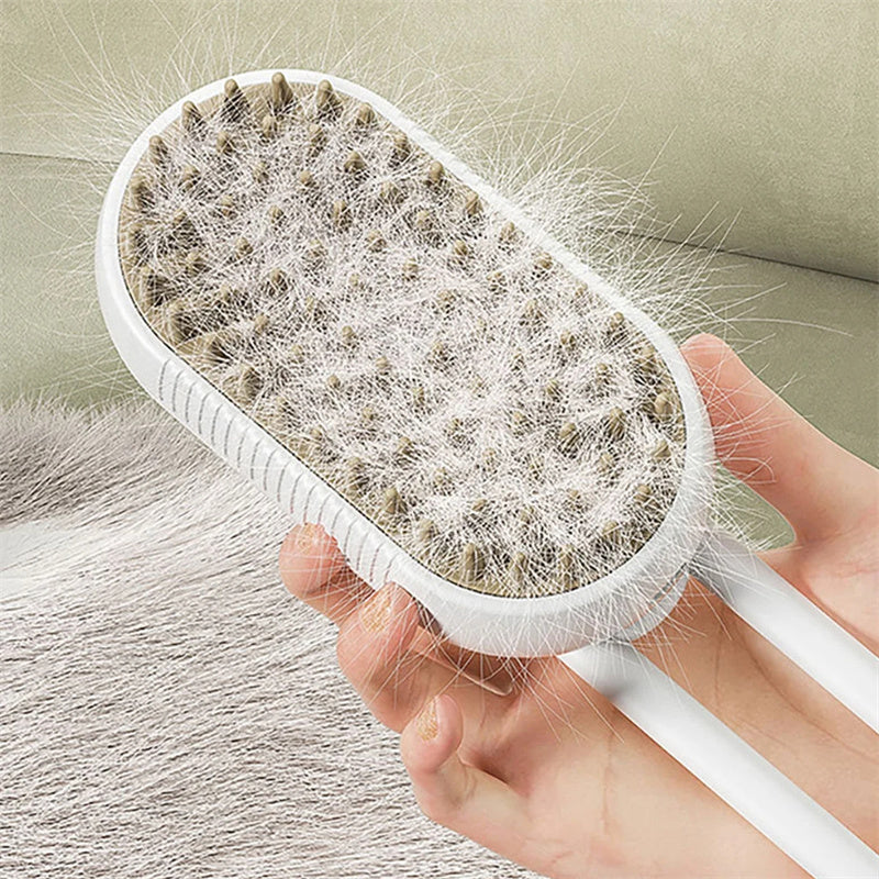 White grooming brush with pet hair on a light green background