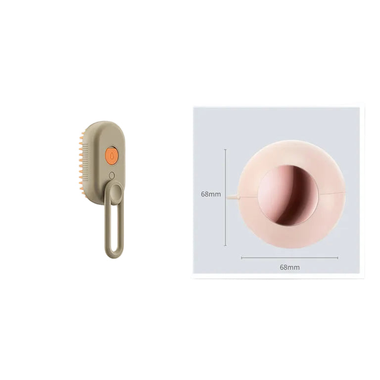 Beige grooming brush and pink pet toy with measurement details on a white background