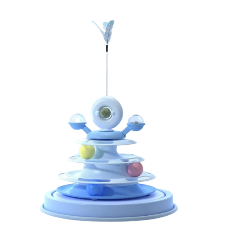 A light blue and white multi-level toy with a feather wand and small pastel balls, isolated on a white background.