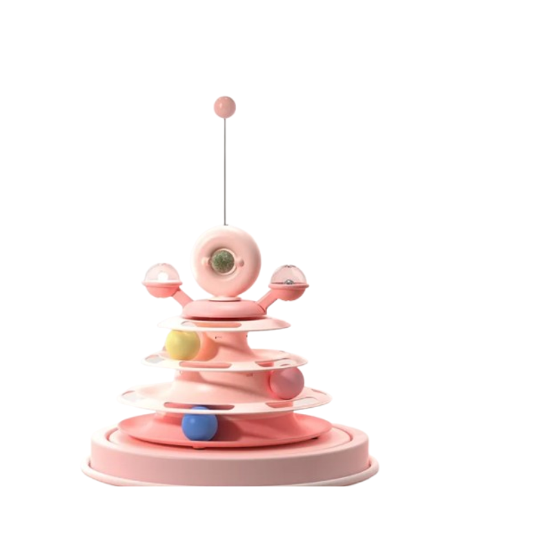 A pink tiered baby toy with a central eye motif, small hanging rings, and colorful balls on a plain white background.