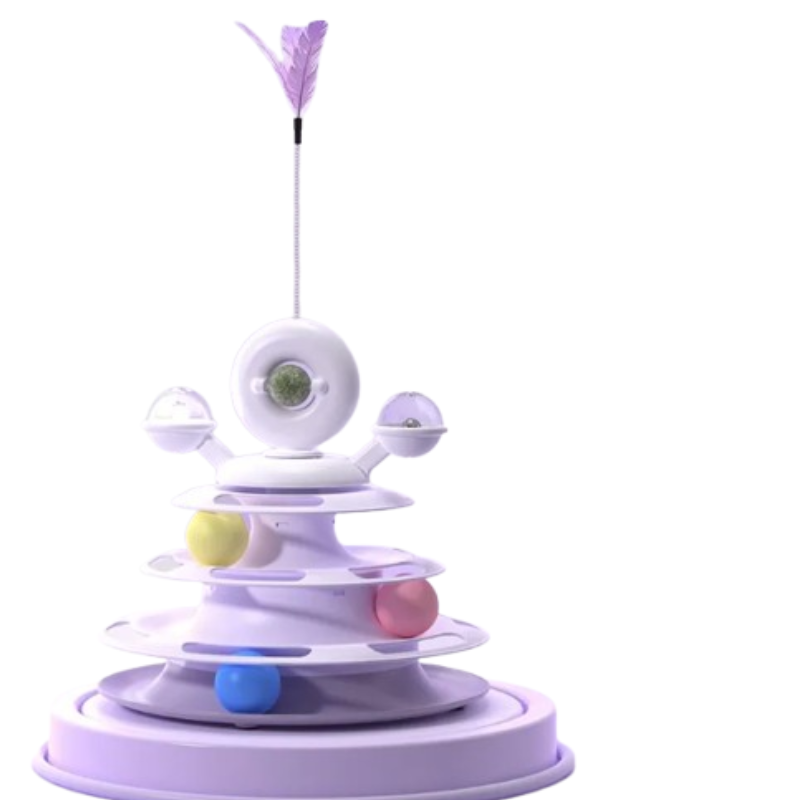 A lavender and white multi-level cat toy with a feather wand, small clear cups, and colorful balls on a plain white background.