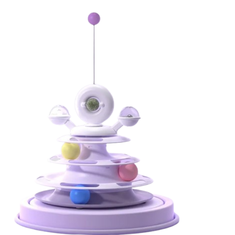 A pastel purple and white spiral toy with multiple levels, small translucent cups, and colorful balls in blue, pink, yellow, and green, isolated on a white background.