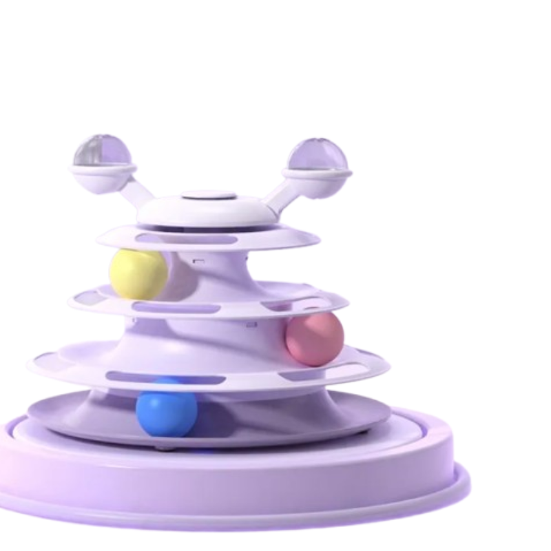 A pastel lavender pet toy featuring a multi-level spiral track with four colorful balls in yellow, pink, blue, and purple, isolated on a white background.