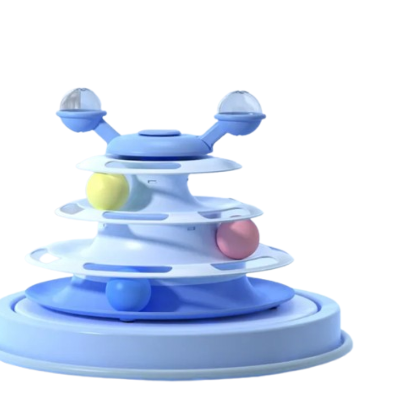 A blue and white tiered cat toy with colorful balls on a clean white background.