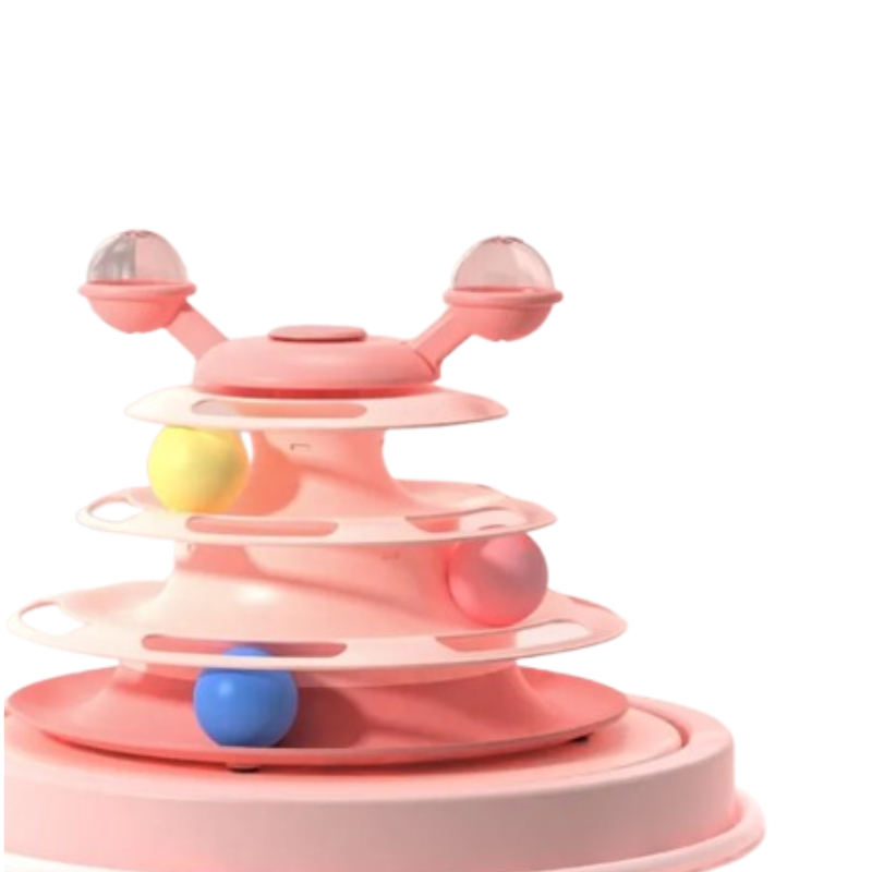 A pink tiered toy with clear plastic cups and several colorful balls, photographed on a plain white background.