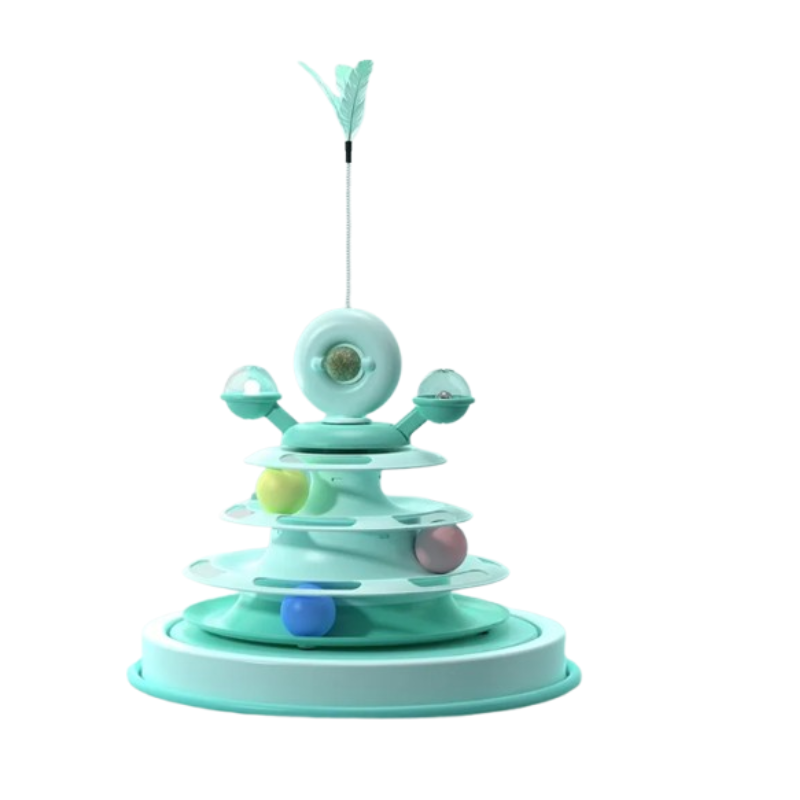 A mint green cat toy featuring a spiral climbing track, small colorful balls, and a feather wand on a white background.