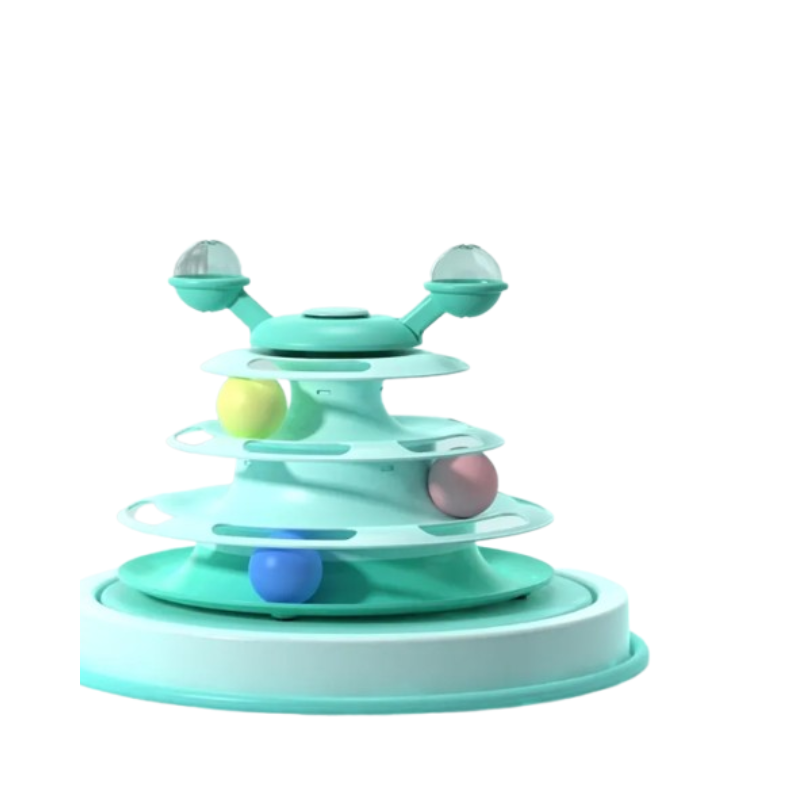 4-level cat toy tower turntable with roller balls, interactive puzzle track for cats