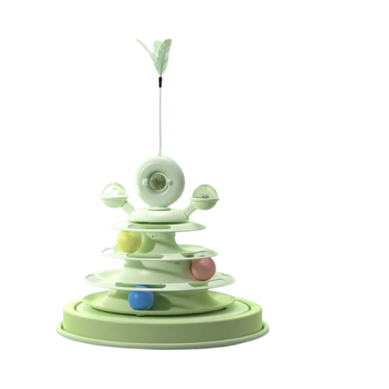 A light green cat toy with a spiral track, small colorful balls, and a feather on a stick, isolated on a white background.