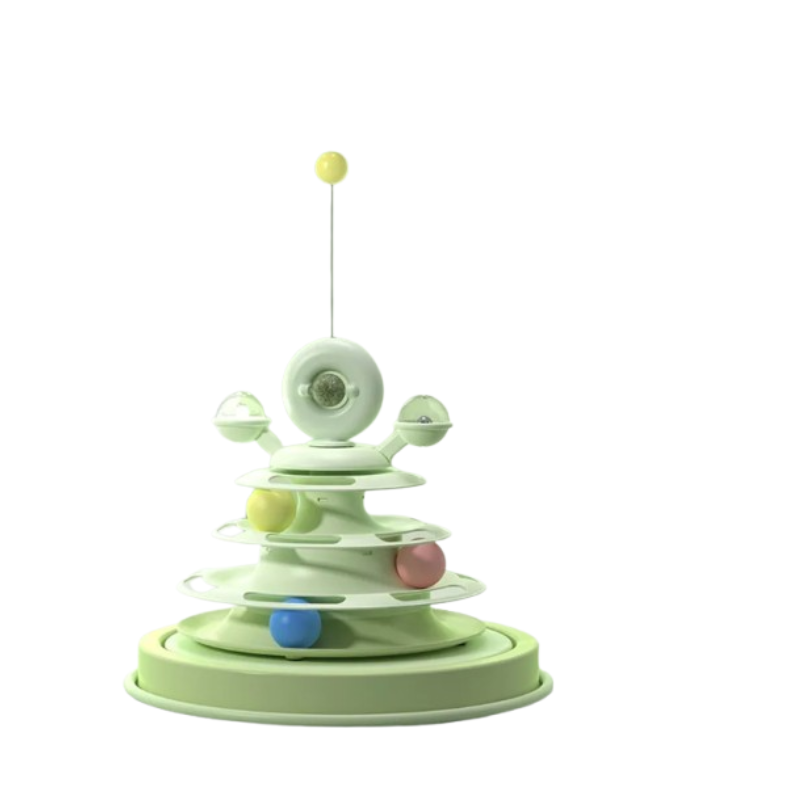 A light green and white spiral cat toy with colorful balls on a clean white background.