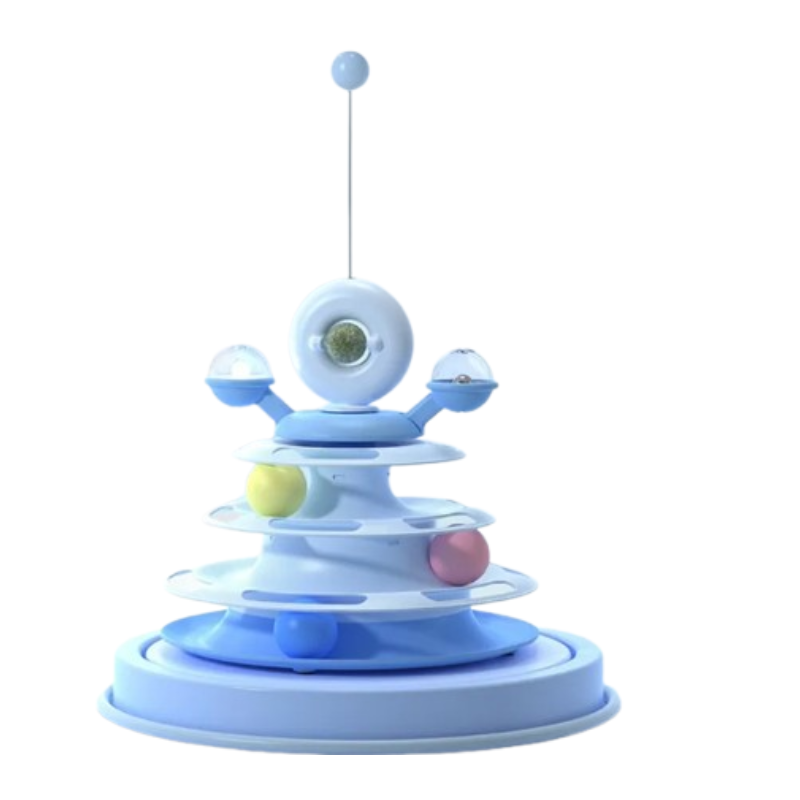 A light blue and white tiered toy with small colorful balls and a central circular detail, shown on a plain white background.