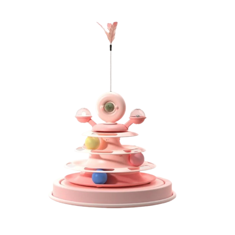 A pink cat toy with a spiral track, small balls, a central eye-like wheel, and a feather wand on a white background.