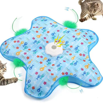 Cat toy mat with colorful designs and pom-poms, featuring two cats interacting with it.