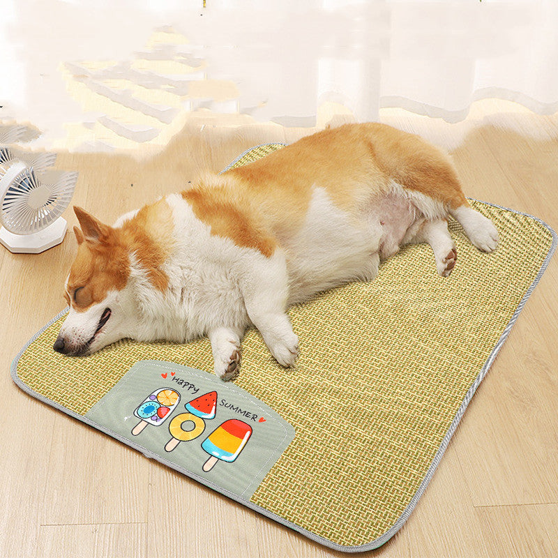Dog lying on a yellow mat with a summer-themed card on a wooden floor.