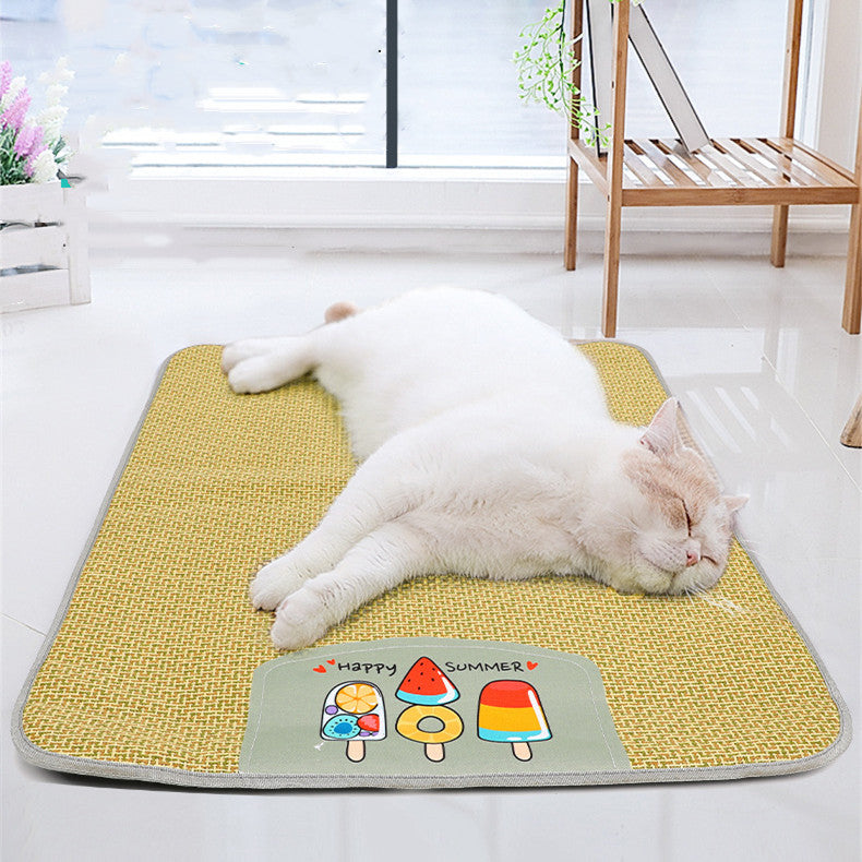 White cat lying on a yellow mat with ice cream illustrations in a bright room.