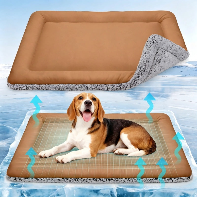 Dog lying on a brown pet mat with water droplets, indicating it is waterproof.