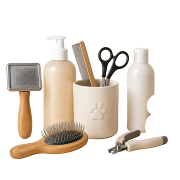 Kogoly pet grooming collection featuring brushes, shampoos, and grooming tools for dogs and cats