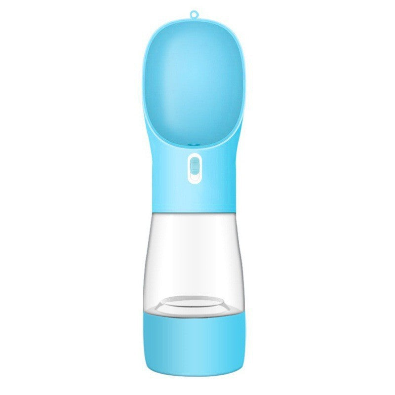 Blue and clear portable pet water bottle on a white background