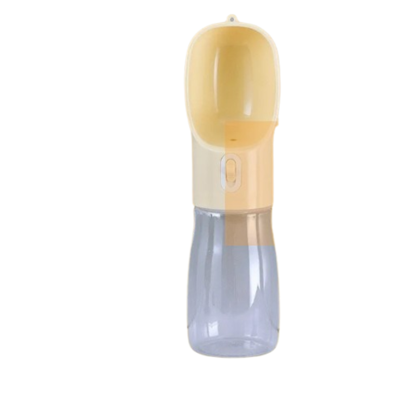 A pet water bottle with an integrated dual-fuel water and pet-wood stove holder, featuring a translucent light blue lower reservoir and a beige upper section with a yellow lid.