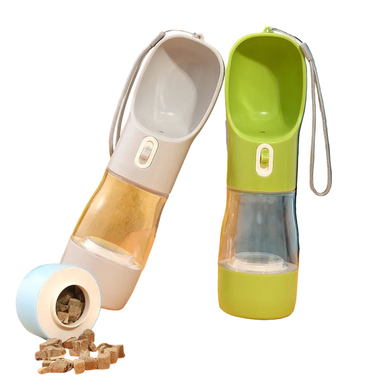 Set of pet water bottles and bowls on a yellow and orange background
