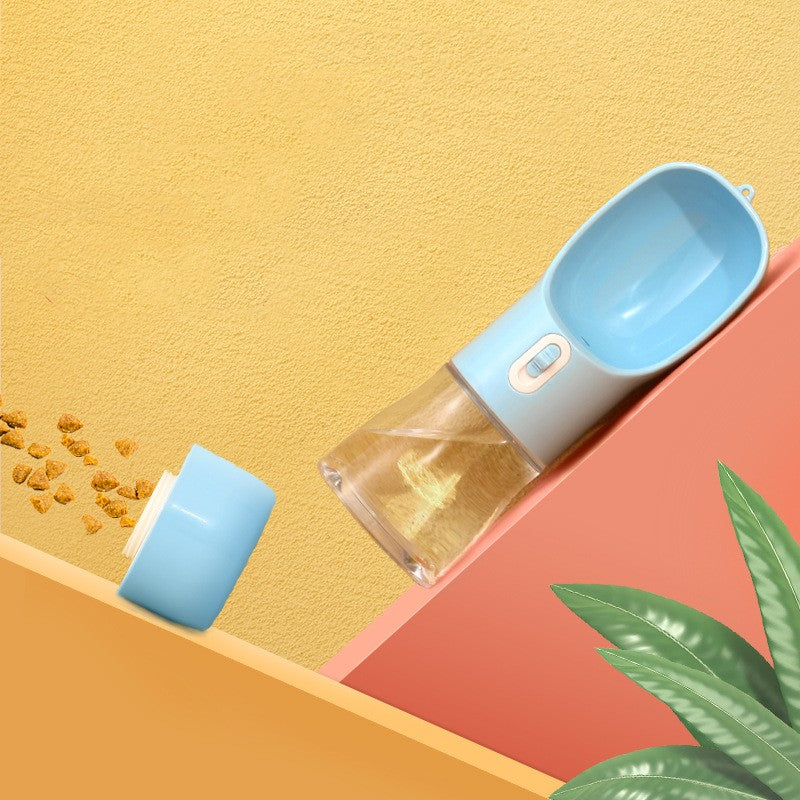 Pet water bottle and food container on a colorful background with scattered pet food.